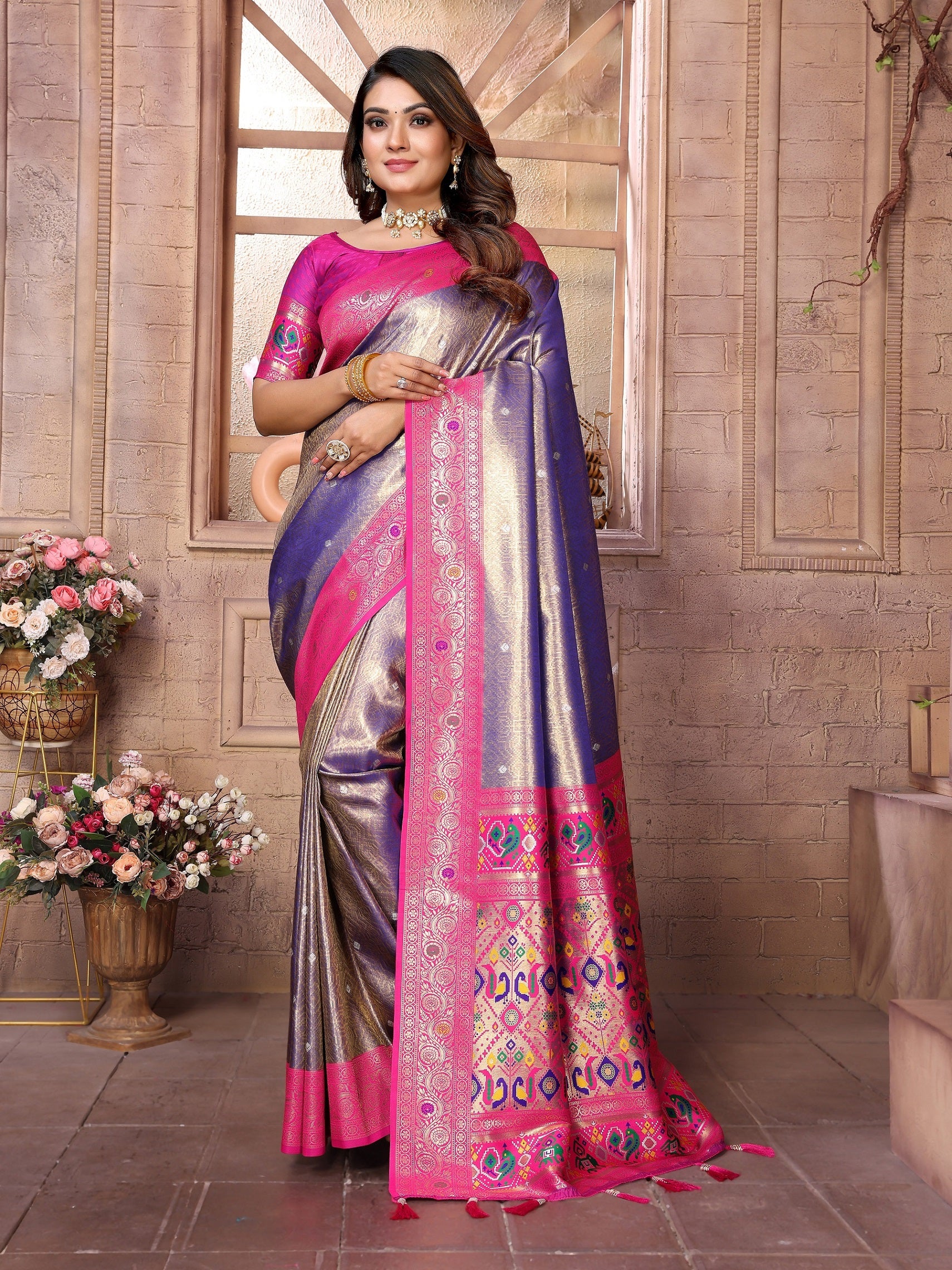 Vedant Vastram Tissue Silk Paithani Silk Saree - Blue - Distacart
