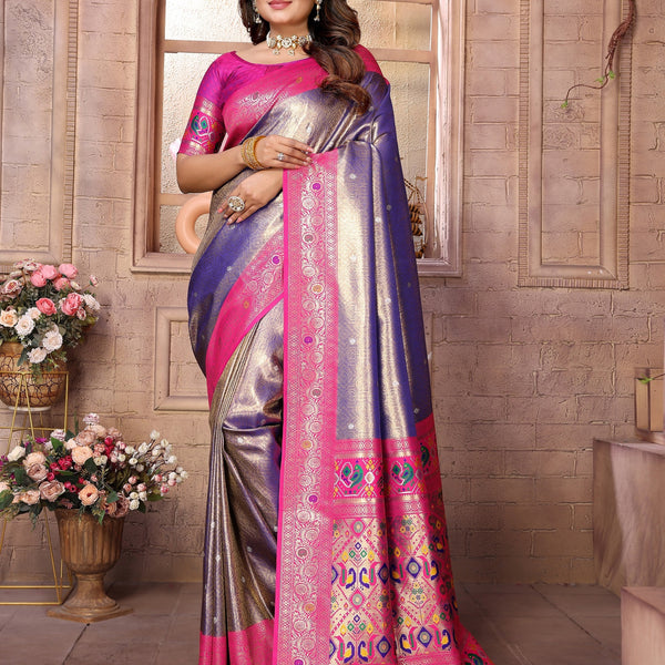 Vedant Vastram Tissue Silk Paithani Silk Saree - Blue - Distacart