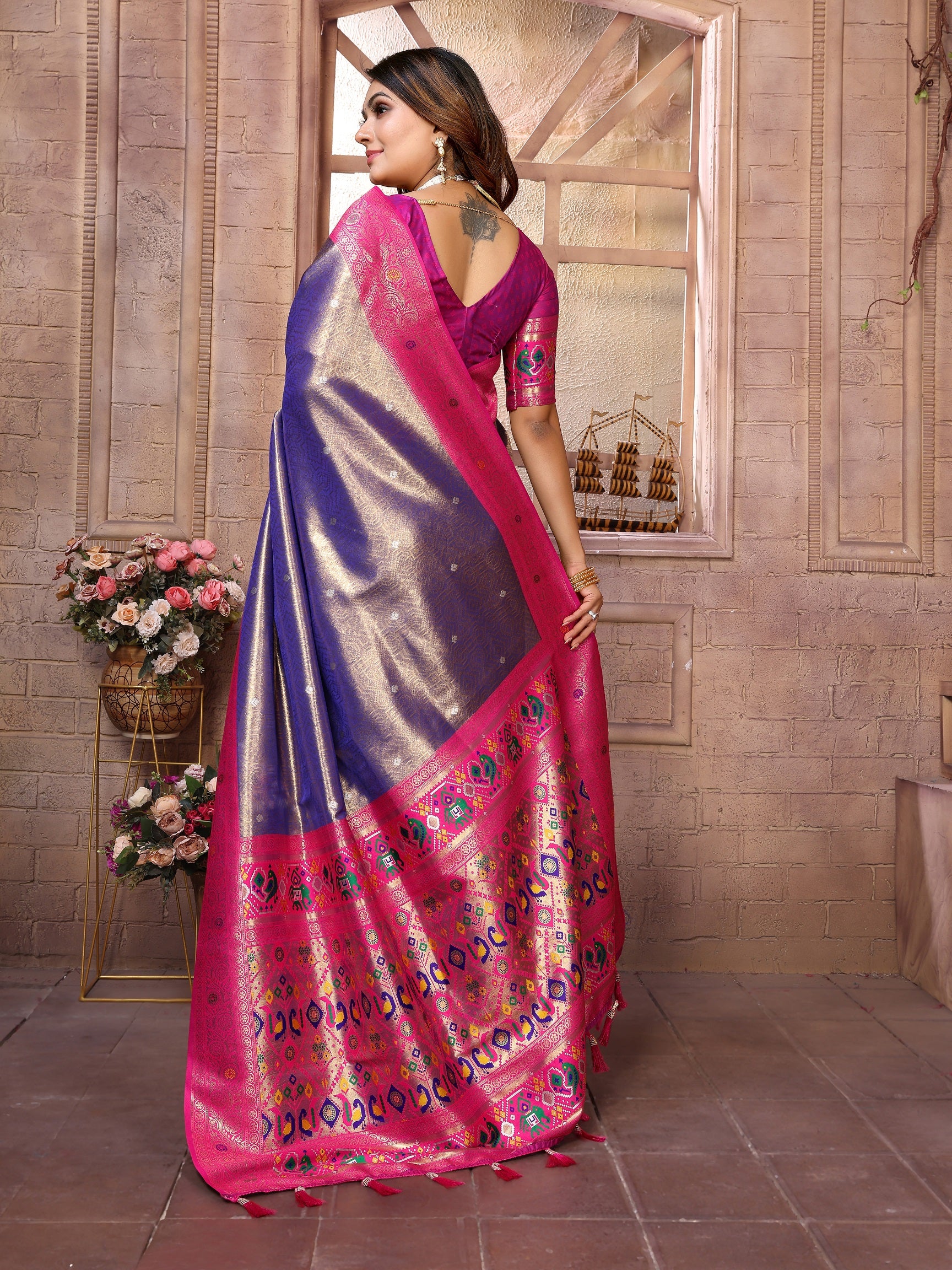 Vedant Vastram Tissue Silk Paithani Silk Saree - Blue - Distacart