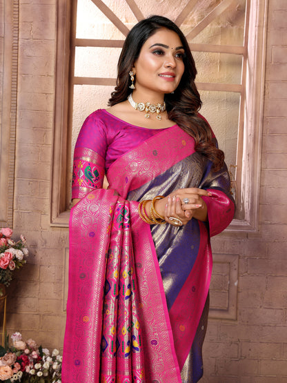Vedant Vastram Tissue Silk Paithani Silk Saree - Blue - Distacart