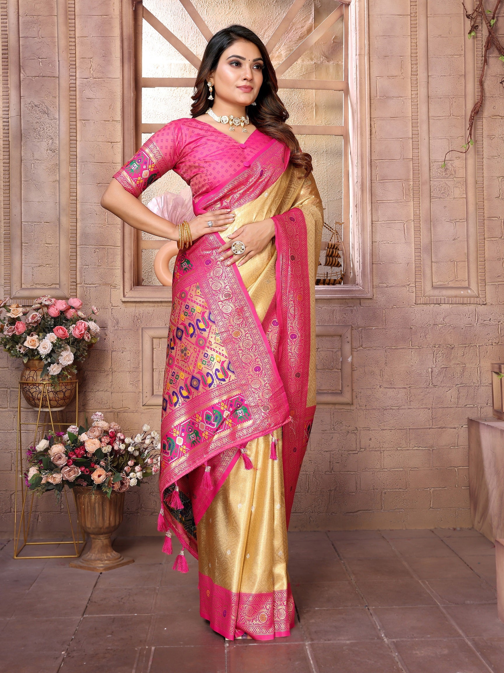 Vedant Vastram Tissue Silk Paithani Silk Saree - Cream - Distacart
