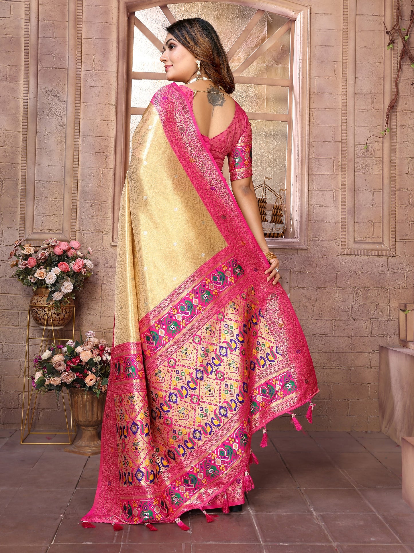 Vedant Vastram Tissue Silk Paithani Silk Saree - Cream - Distacart