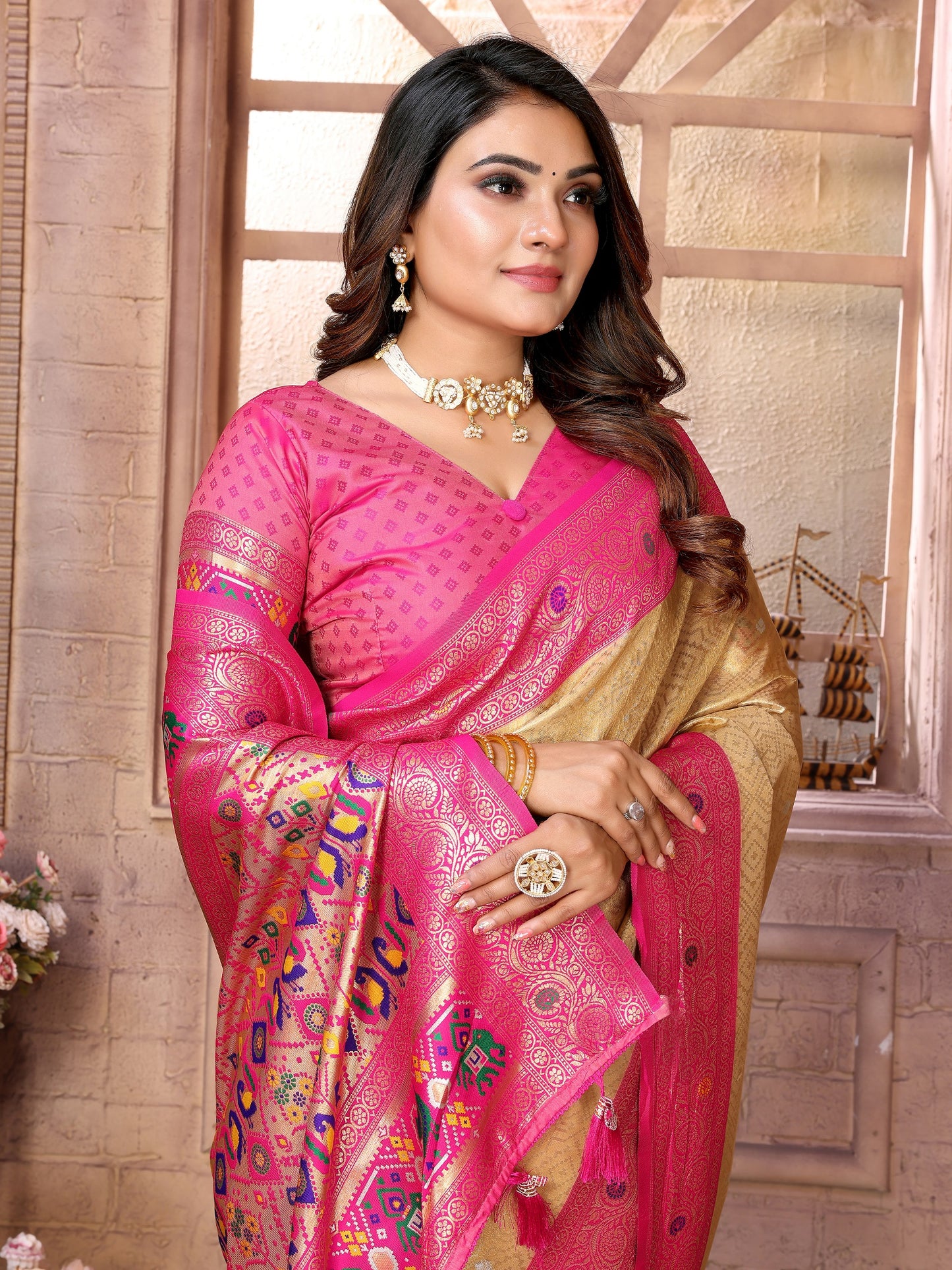 Vedant Vastram Tissue Silk Paithani Silk Saree - Cream - Distacart