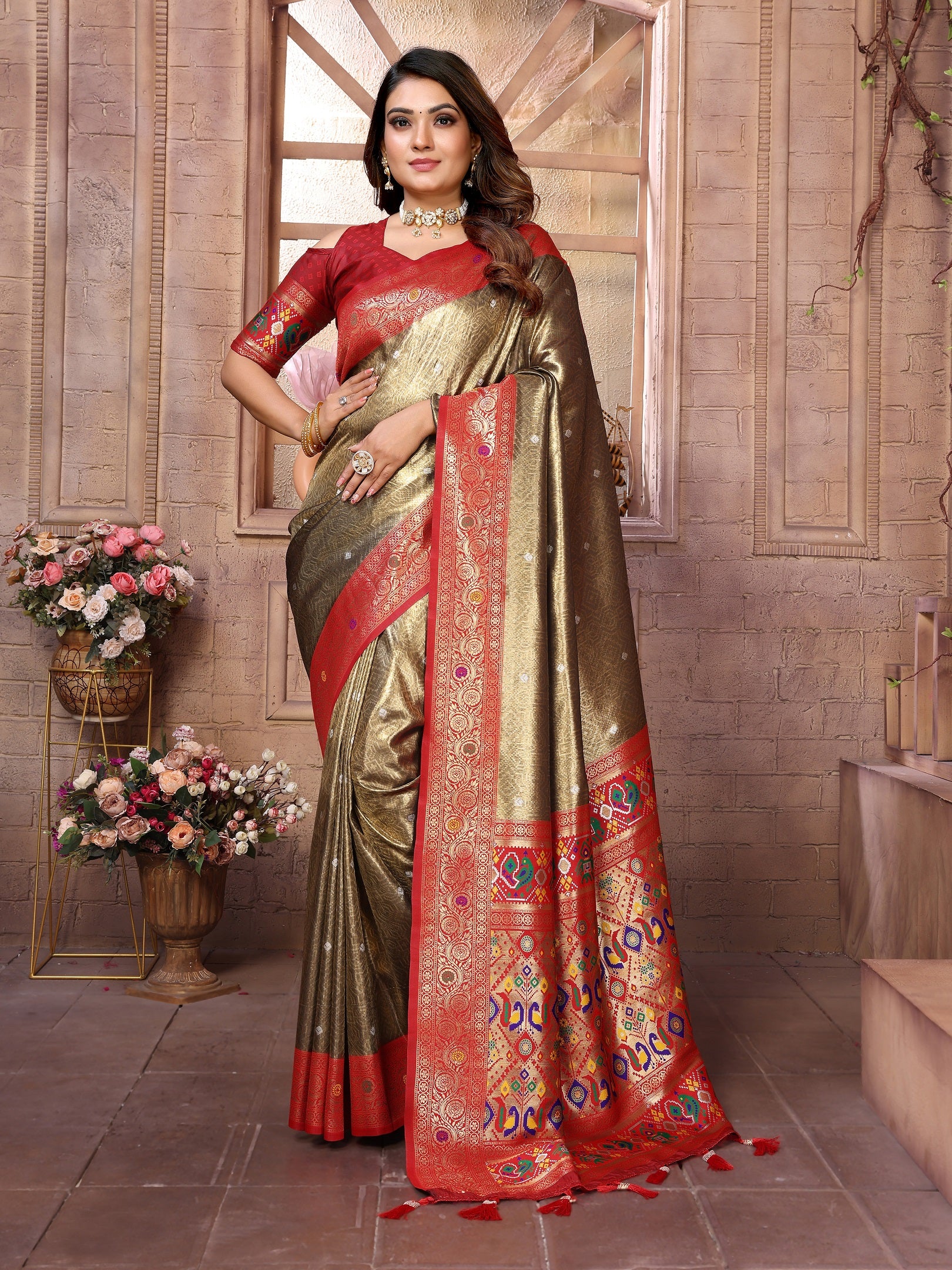 Vedant Vastram Tissue Silk Paithani Silk Saree - Gold - Distacart