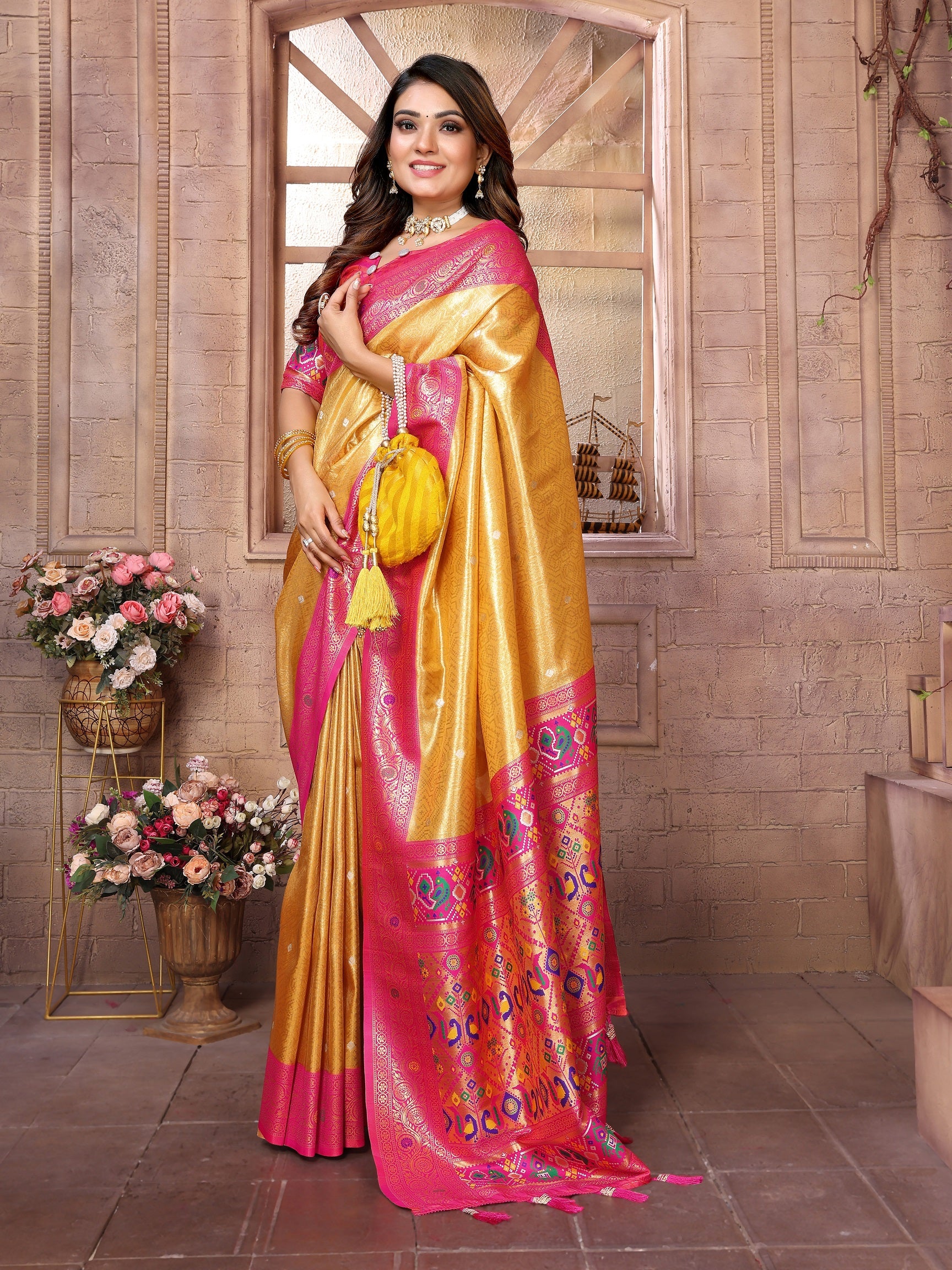 Vedant Vastram Tissue Silk Paithani Silk Saree - Mustard - Distacart