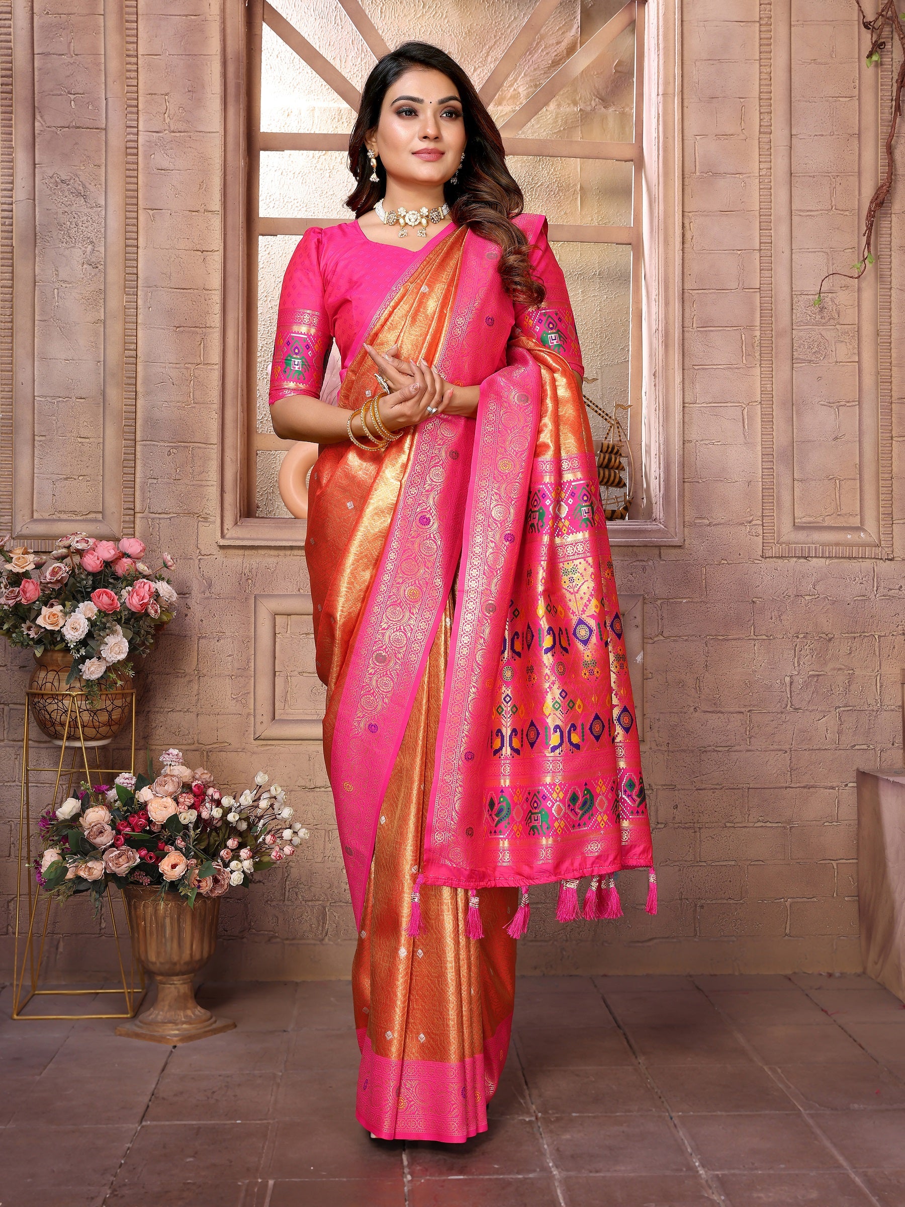 Vedant Vastram Tissue Silk Paithani Silk Saree - Orange - Distacart
