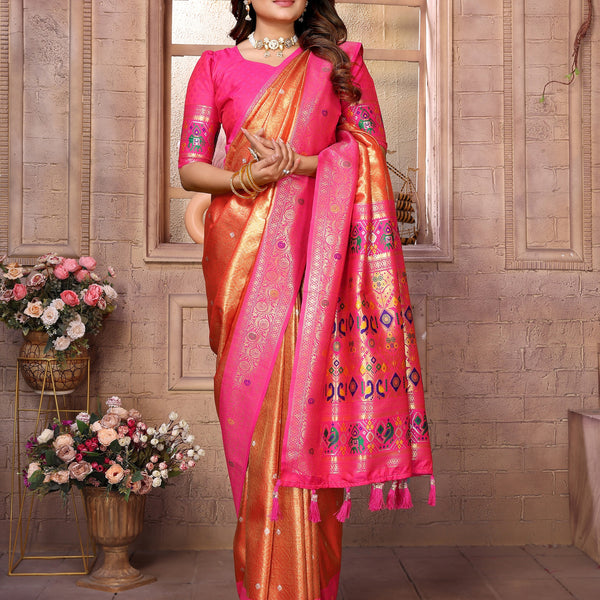 Vedant Vastram Tissue Silk Paithani Silk Saree - Orange - Distacart