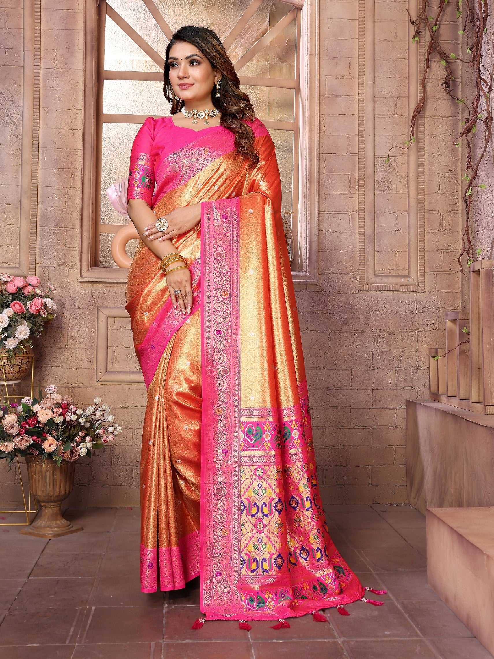 Vedant Vastram Tissue Silk Paithani Silk Saree - Orange - Distacart