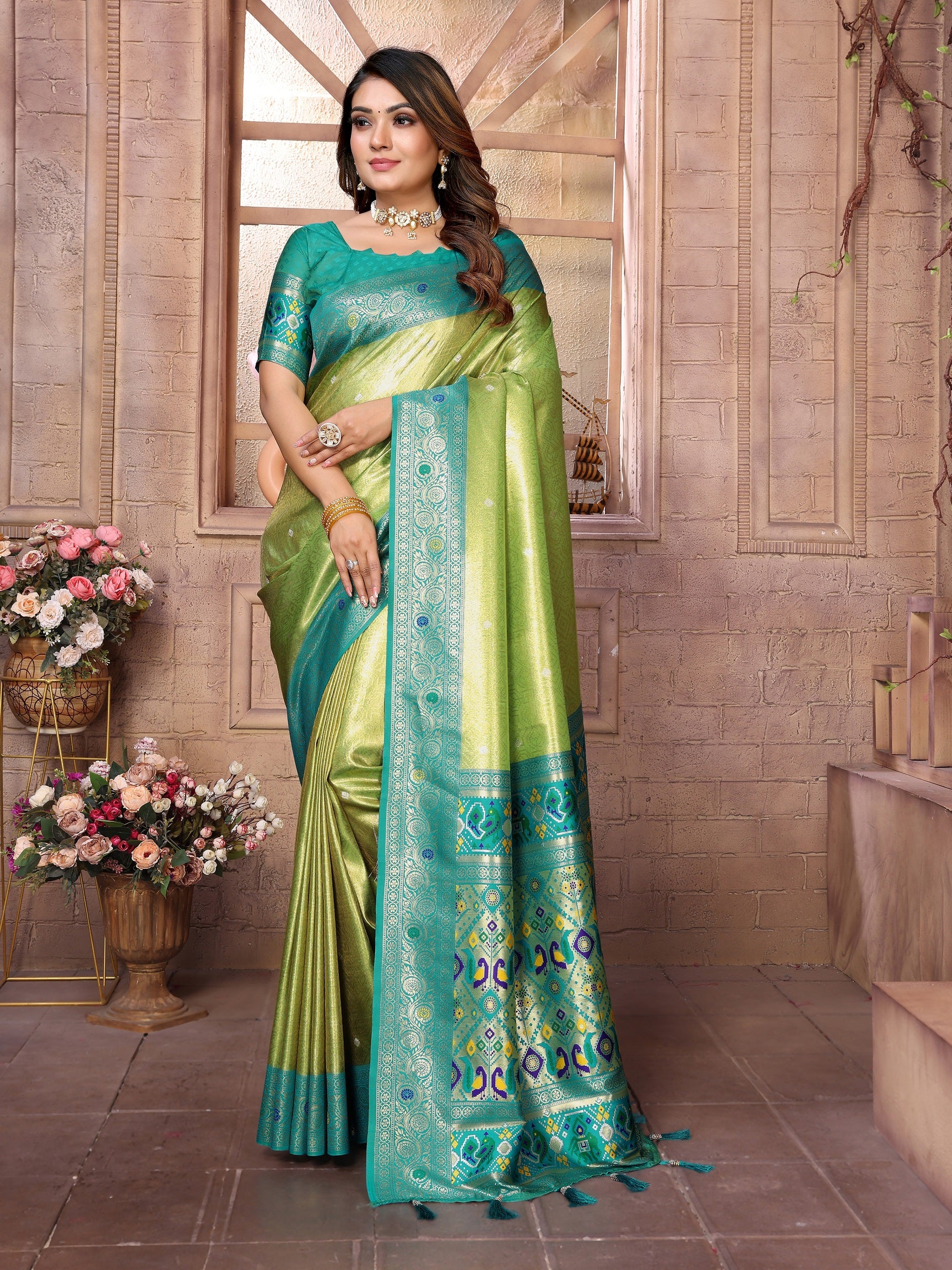 Vedant Vastram Tissue Silk Paithani Silk Saree - Parrot - Distacart