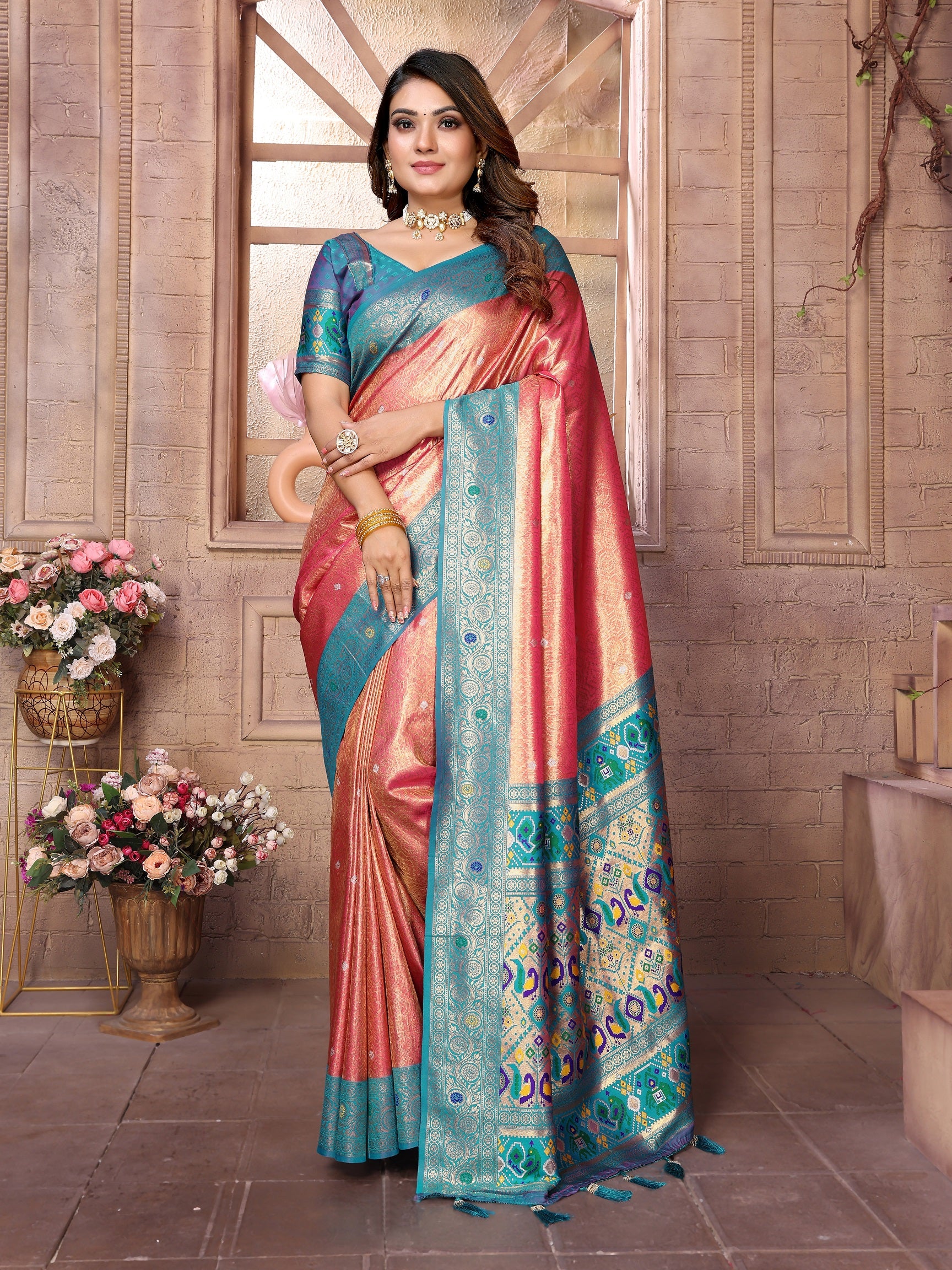 Vedant Vastram Tissue Silk Paithani Silk Saree - Peach - Distacart