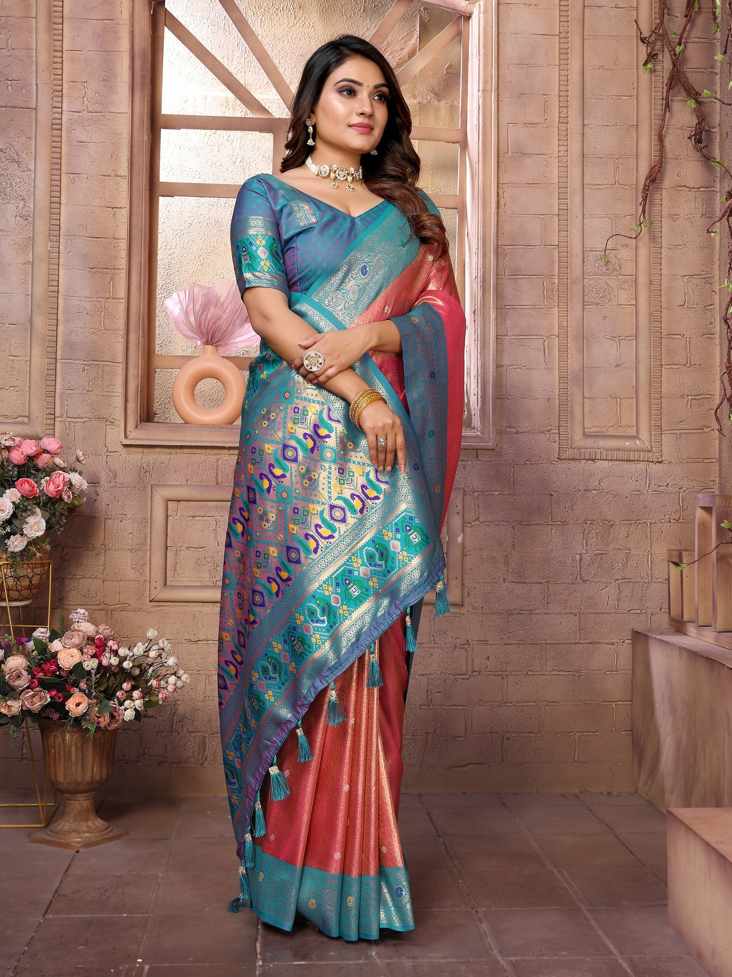 Vedant Vastram Tissue Silk Paithani Silk Saree - Peach - Distacart