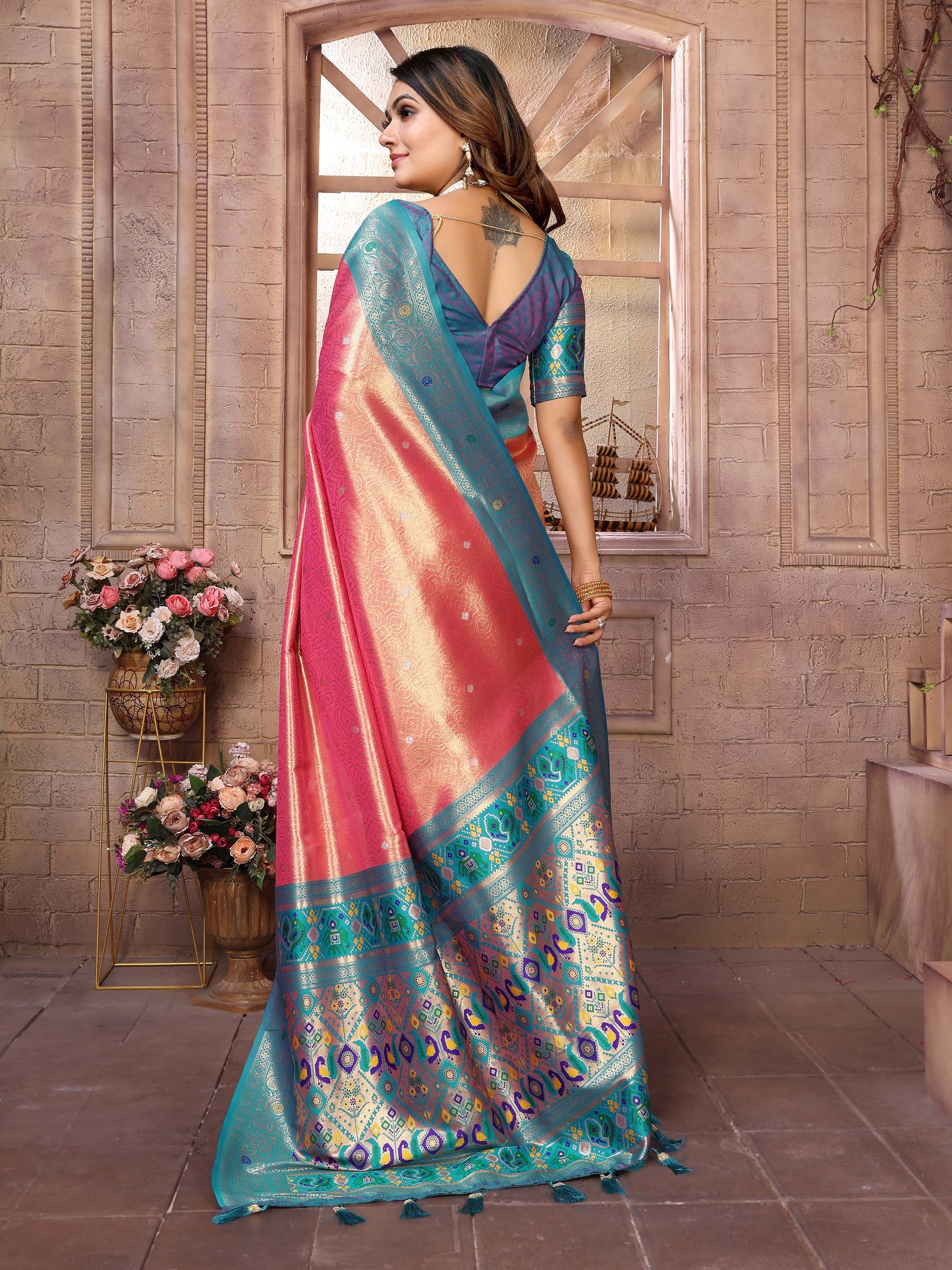 Vedant Vastram Tissue Silk Paithani Silk Saree - Peach - Distacart