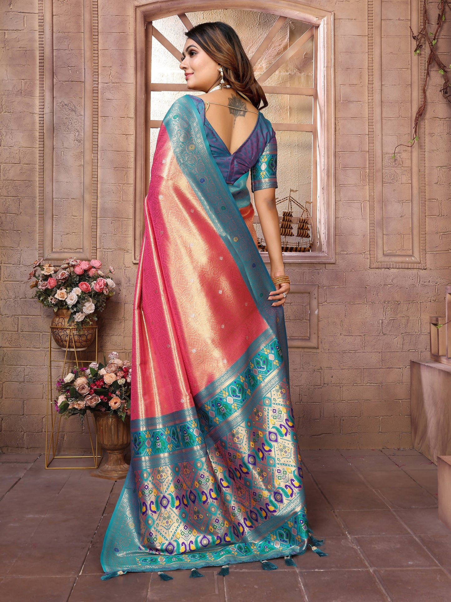 Vedant Vastram Tissue Silk Paithani Silk Saree - Peach - Distacart