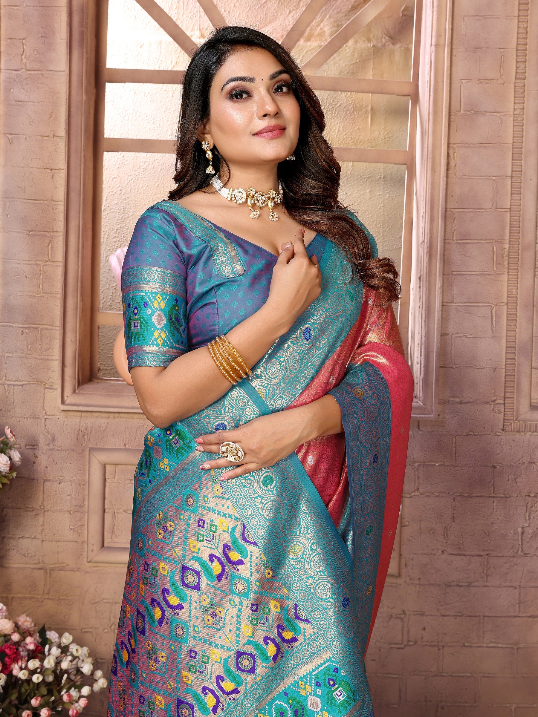 Vedant Vastram Tissue Silk Paithani Silk Saree - Peach - Distacart
