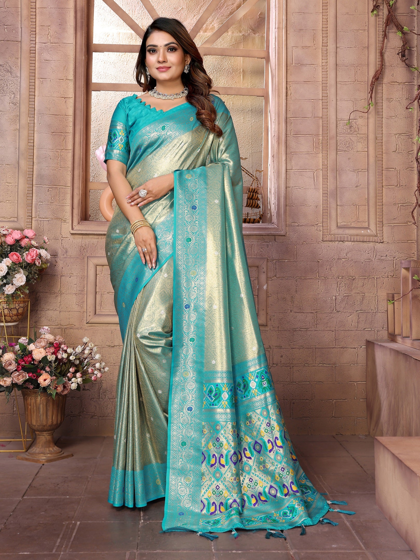 Vedant Vastram Tissue Silk Paithani Silk Saree - Rama - Distacart