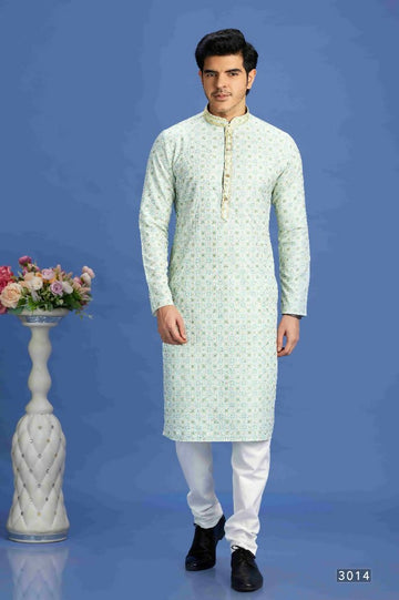 Raivat Ethnic Cotton Embroidery Kurta Pajama In Sea Green Colour - Dista