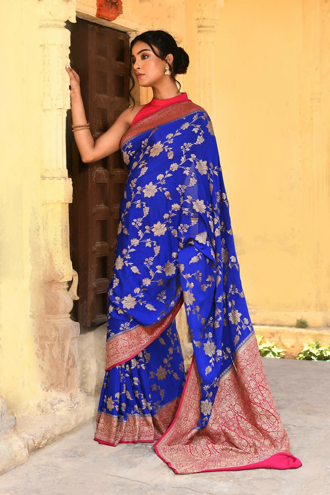 Joban Fashion Ink Blue Crepe Chiffon Pure Handloom Banarasi Silk Saree