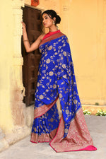 Thumbnail for Joban Fashion Ink Blue Crepe Chiffon Pure Handloom Banarasi Silk Saree