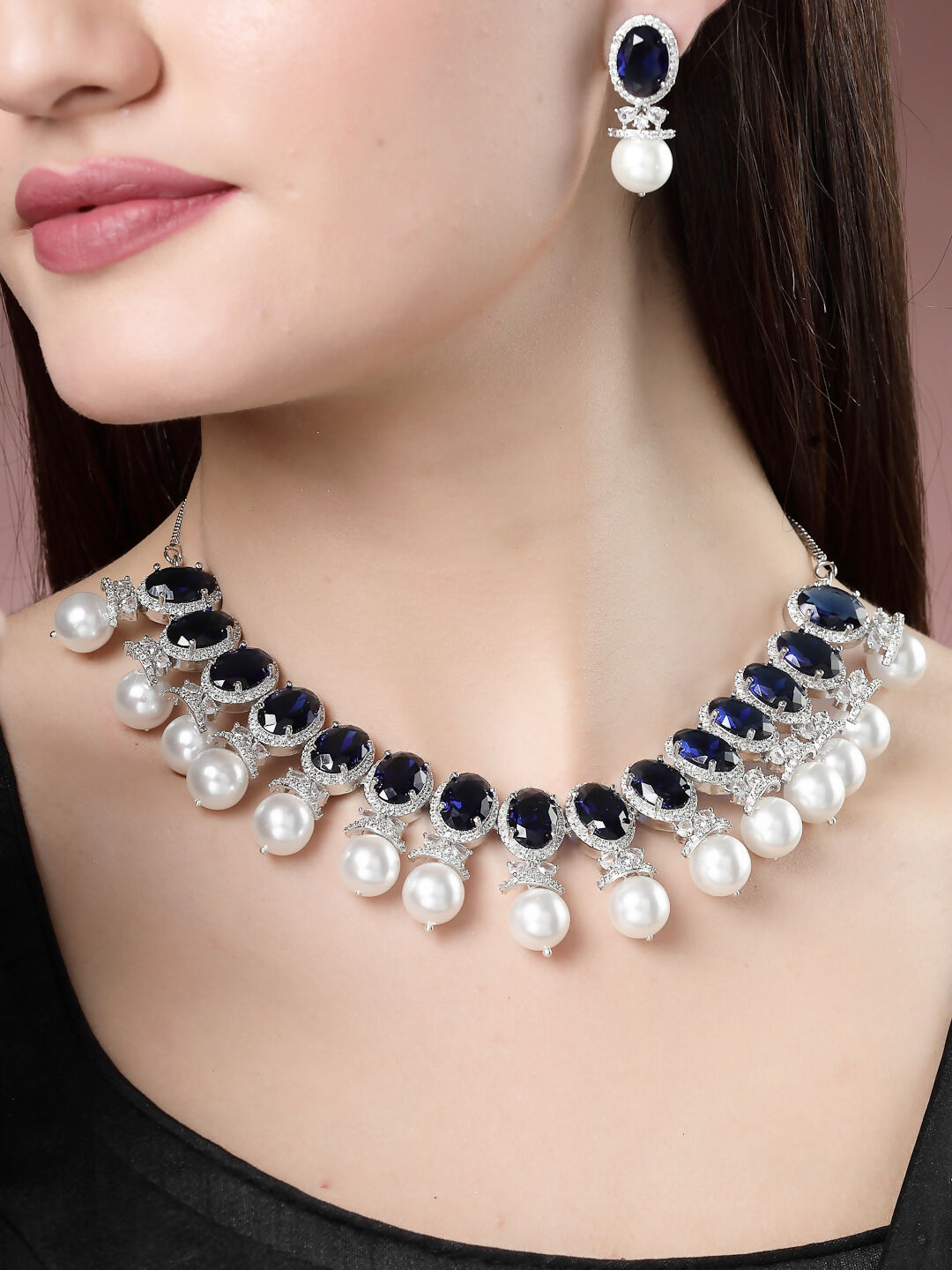 NVR Women's Silver-Plated Blue American Diamond Studded Handcrafted Jewellery Set - Distacart