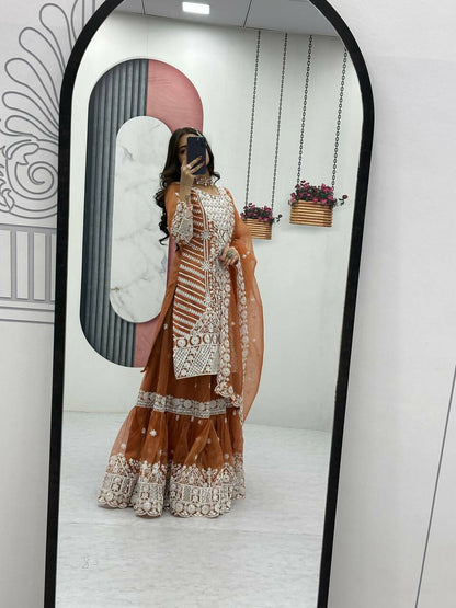 Teeya Creation Womens New Trendy Heavy Embroidery Sequence Work Orange Kurta Set - Dista
