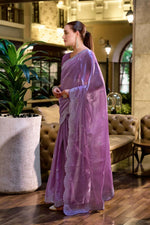 Thumbnail for Vastranavya Lavender Embroidery Work Shimmer Chiffon Saree with Unstitched Blouse