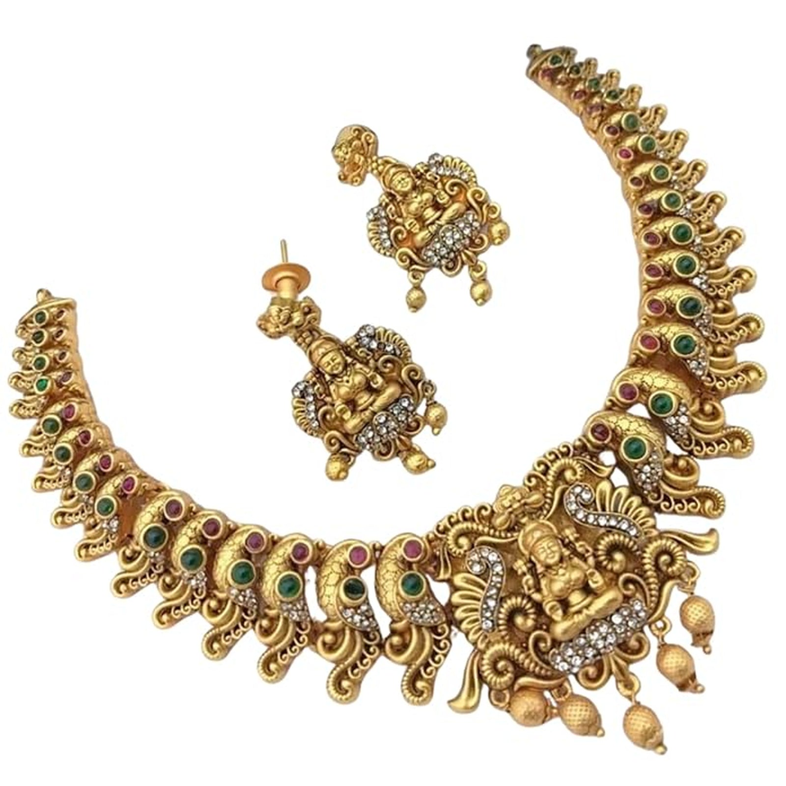 Jewel City Ornate Gold-Plated Laxmi Temple Jewelry Set - Antique-Finish Necklace and Earrings
