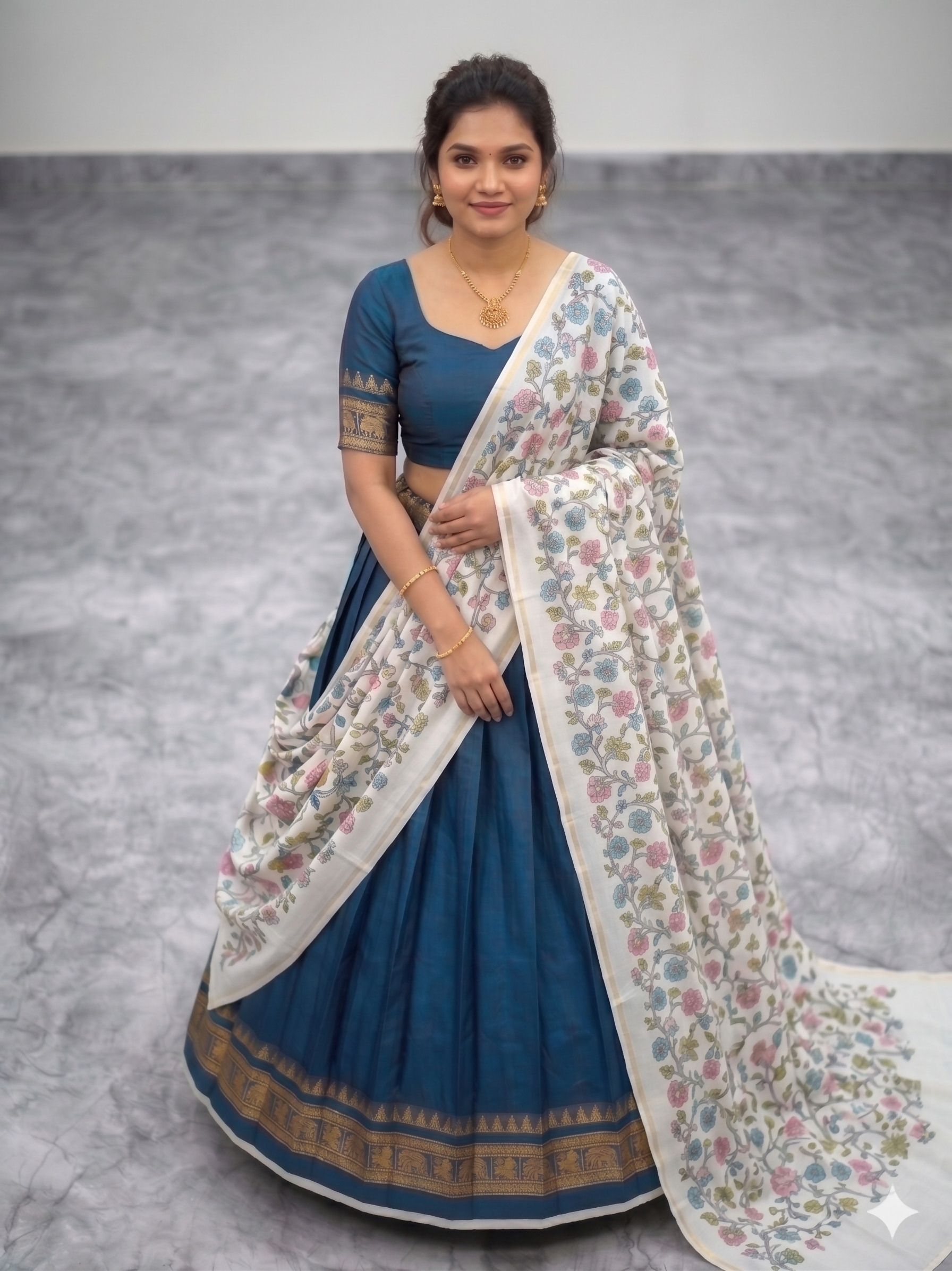 Teeya Creation Womens New Trendy Teal Blue Traditional Pleated Lehenga Choli Set with Floral Printed Dupatta and Contrast Zari Border Set - Dista
