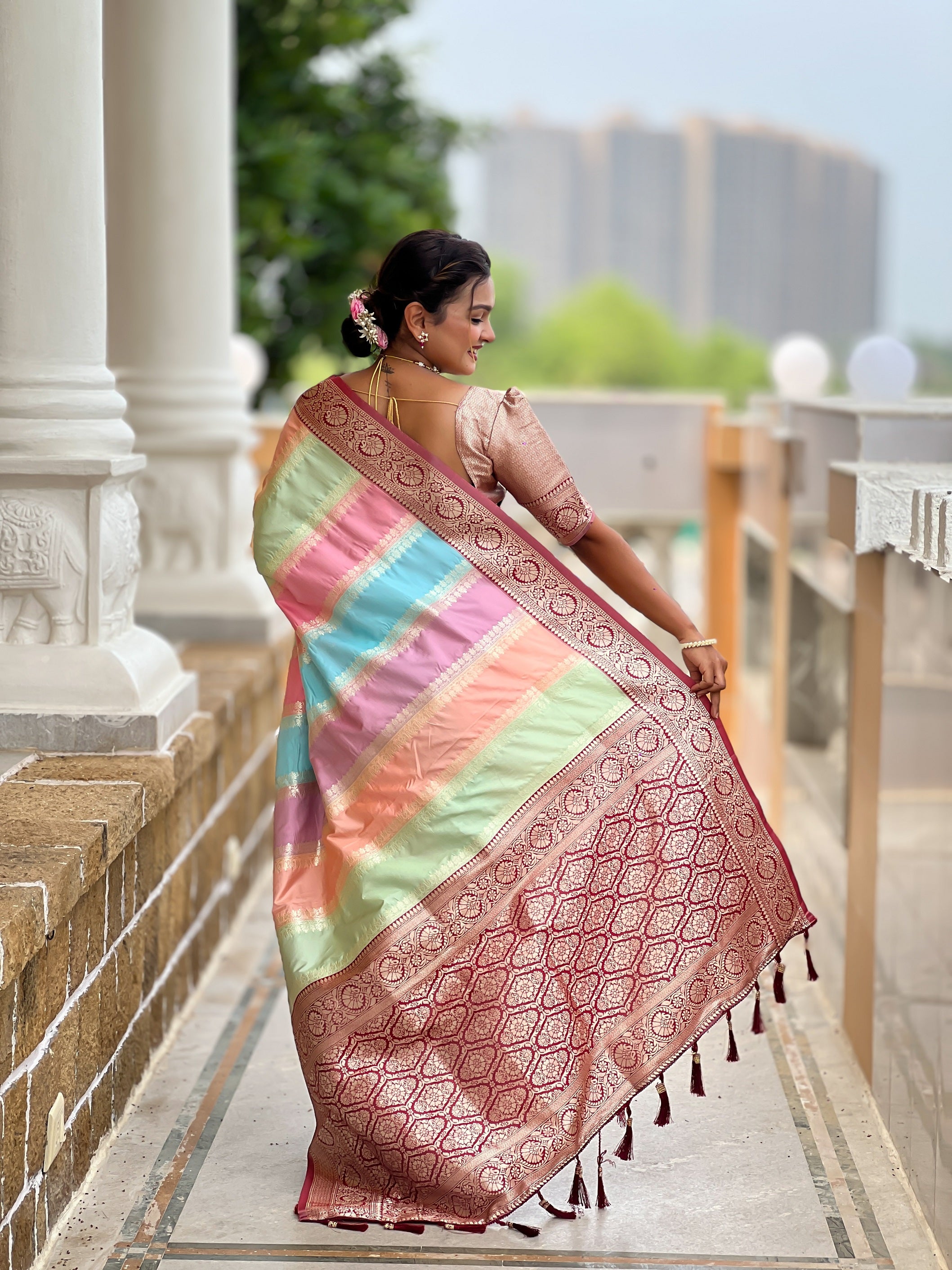 Vedant Vastram Soft Litchi Silk Fancy Jacquard Bollywood Saree - Maroon - Dista