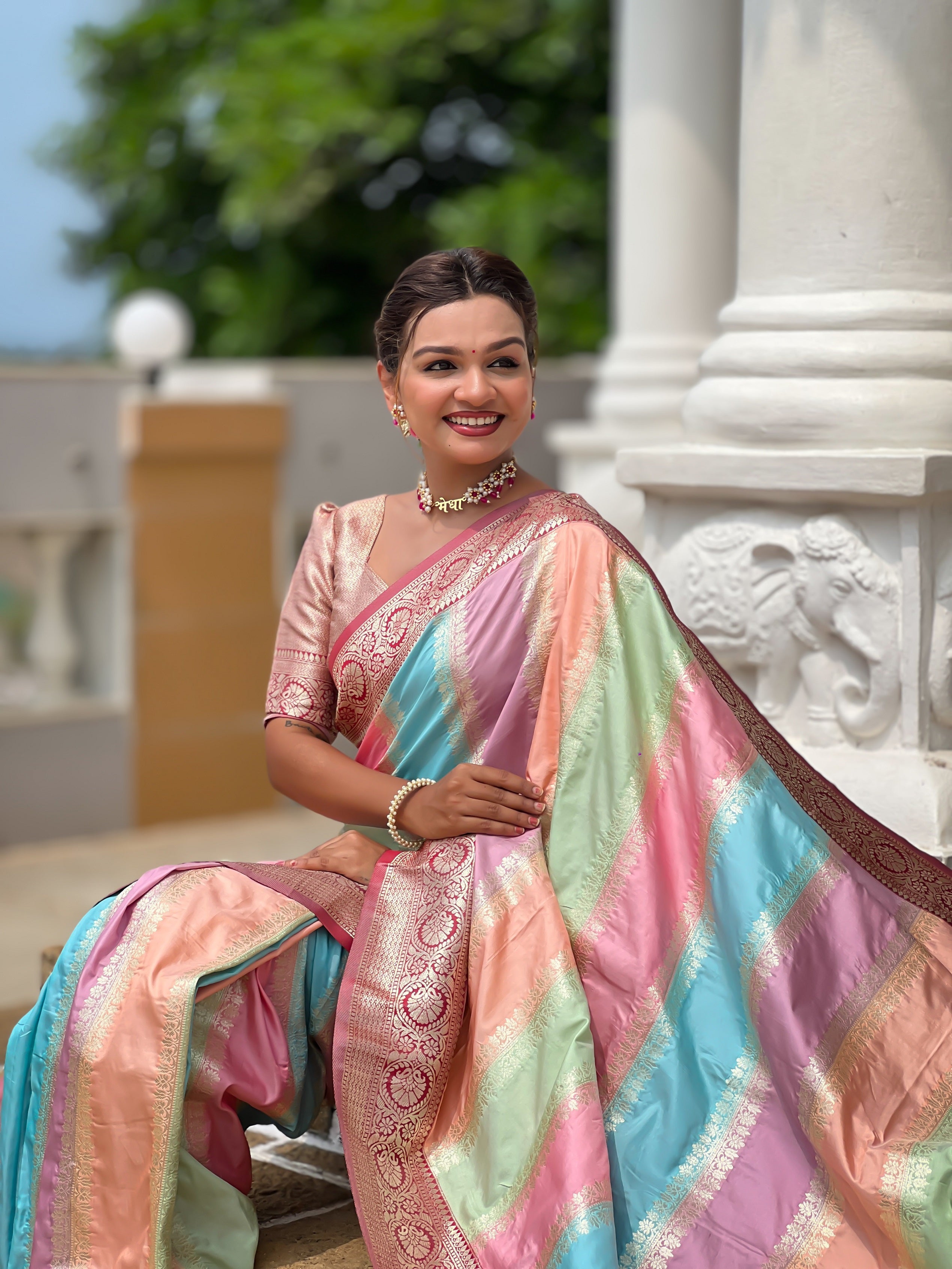 Vedant Vastram Soft Litchi Silk Fancy Jacquard Bollywood Saree - Maroon - Dista