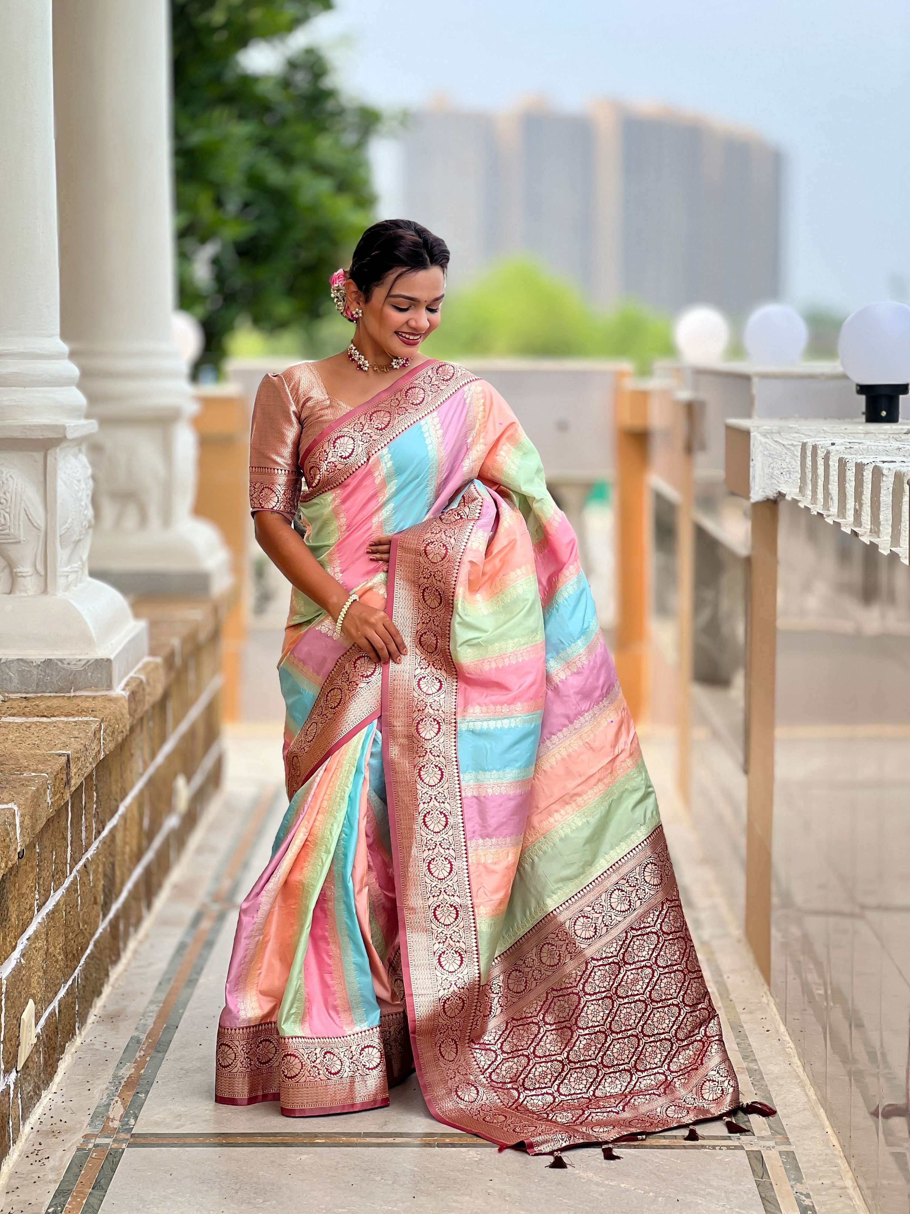 Vedant Vastram Soft Litchi Silk Fancy Jacquard Bollywood Saree - Maroon - Dista