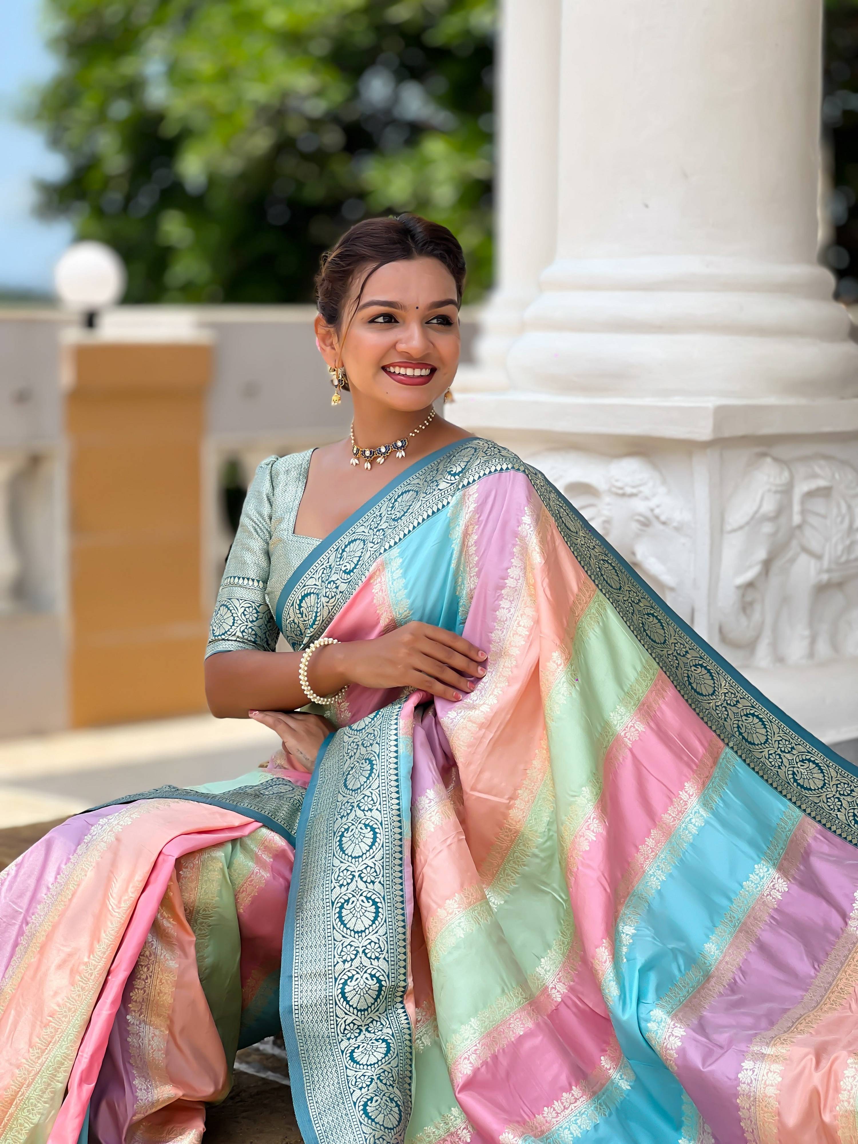 Vedant Vastram Soft Litchi Silk Fancy Jacquard Bollywood Saree - Morpich - Dista