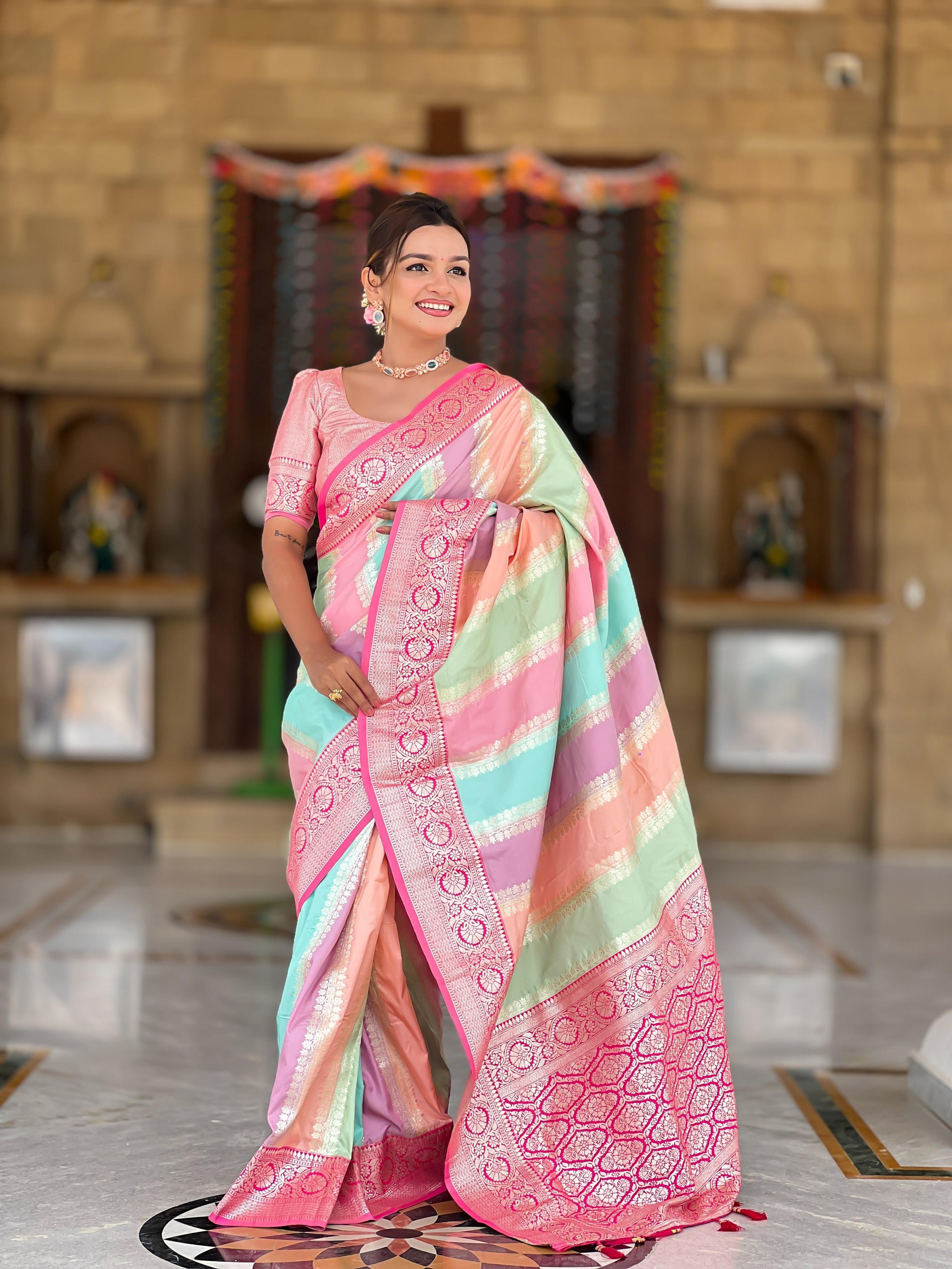 Vedant Vastram Soft Litchi Silk Fancy Jacquard Bollywood Saree - Pink - Dista