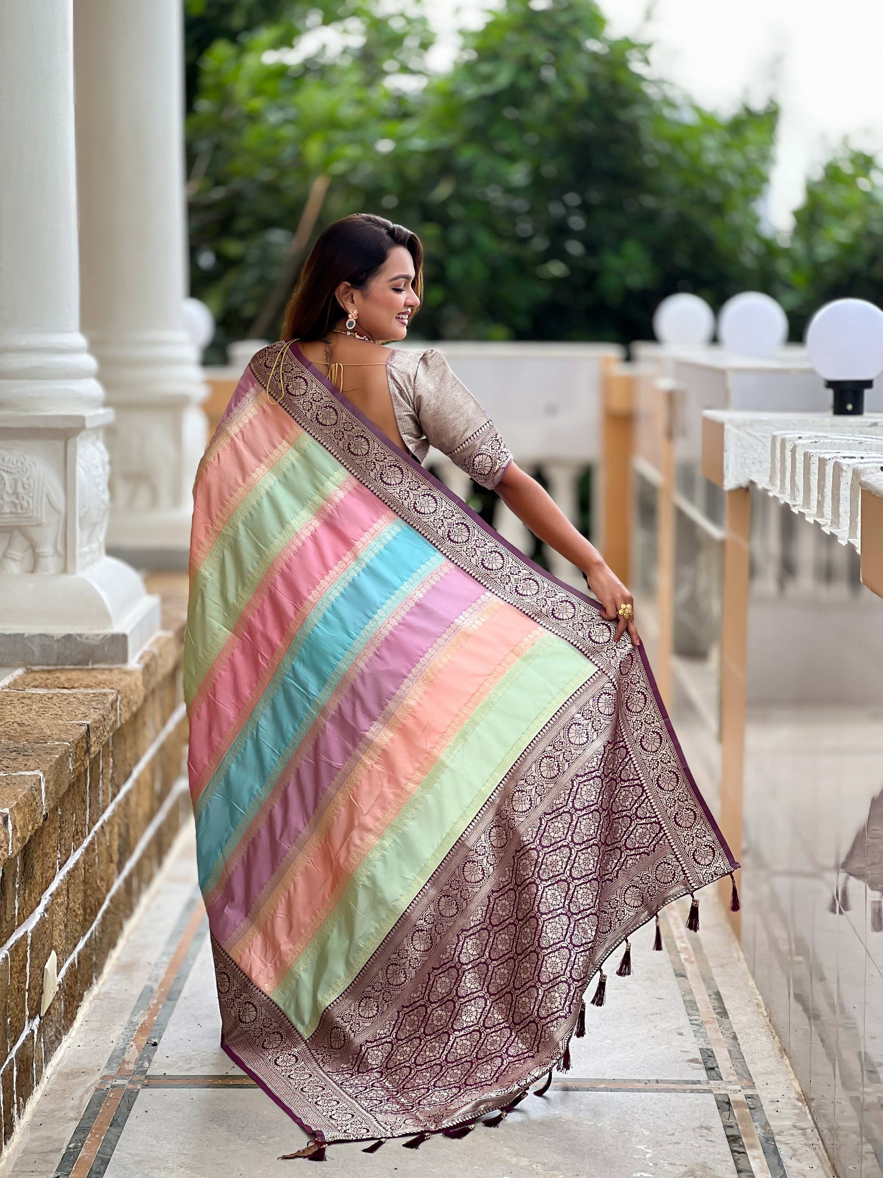 Vedant Vastram Soft Litchi Silk Fancy Jacquard Bollywood Saree - Wine - Dista
