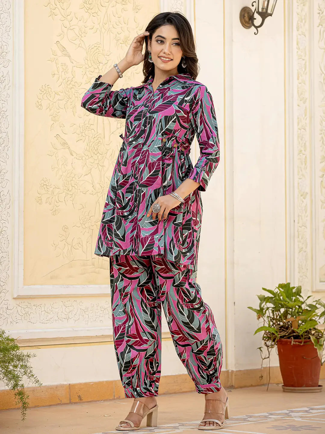 Yufta Multi Leaf Print Cotton Co-Ord Set - Distacart