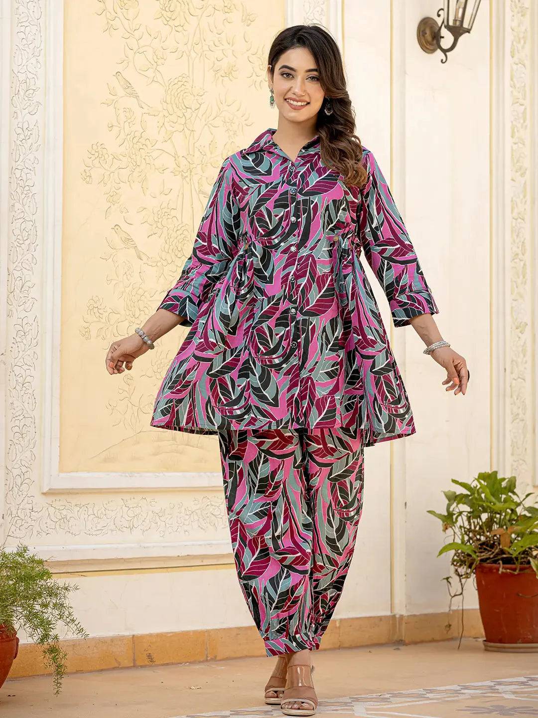 Yufta Multi Leaf Print Cotton Co-Ord Set - Distacart
