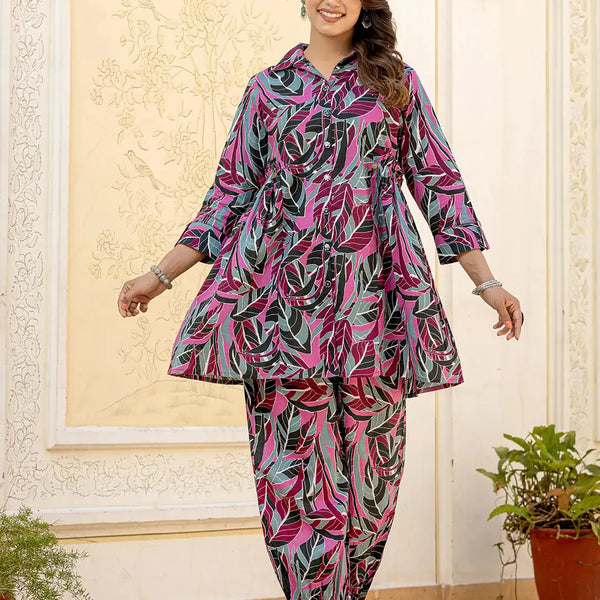 Yufta Multi Leaf Print Cotton Co-Ord Set - Distacart