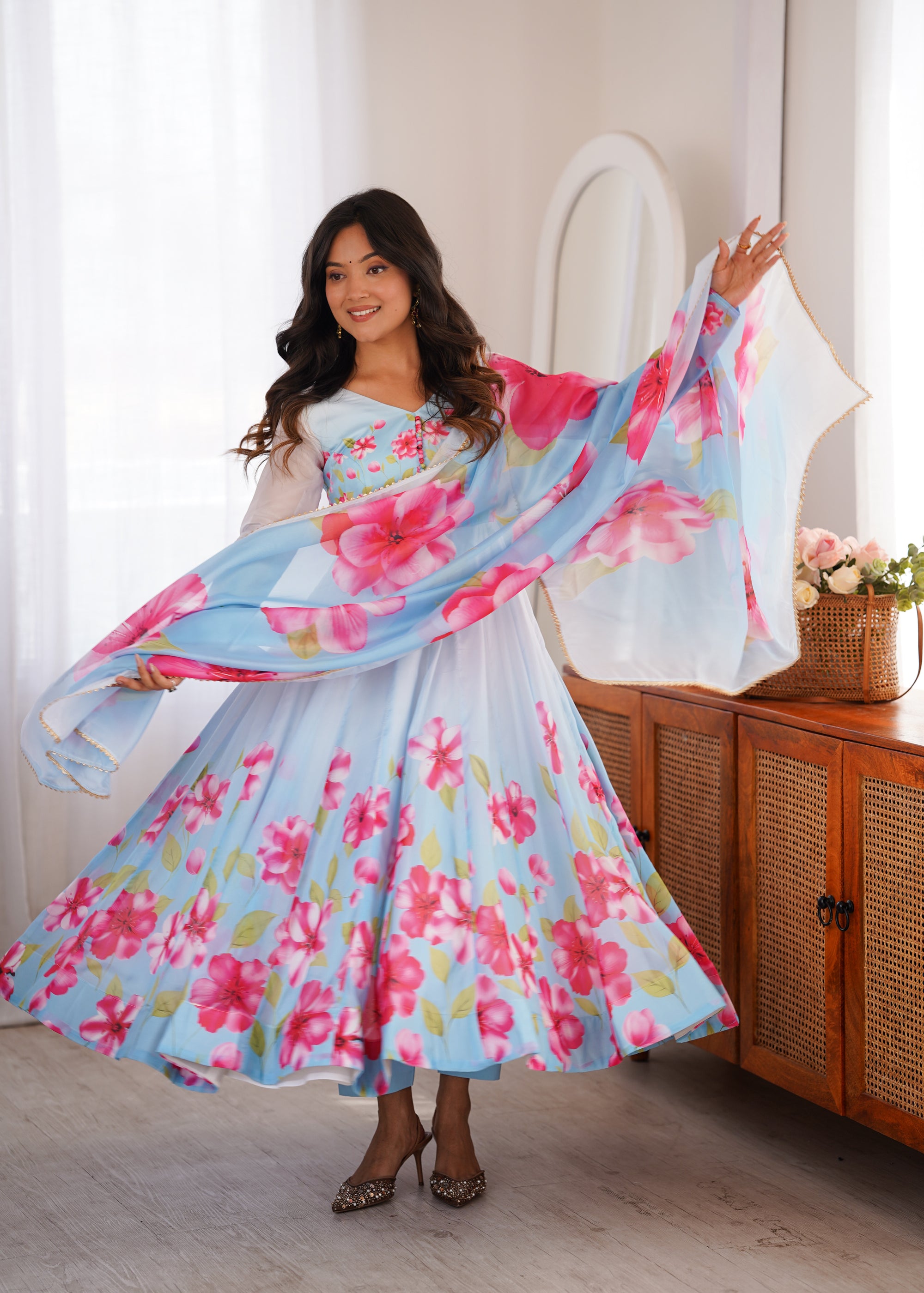 Lorenvalley Fashion Organza Silk Floral Print Flare Kali Pattern Anarkali Pants with Dupatta - Dista