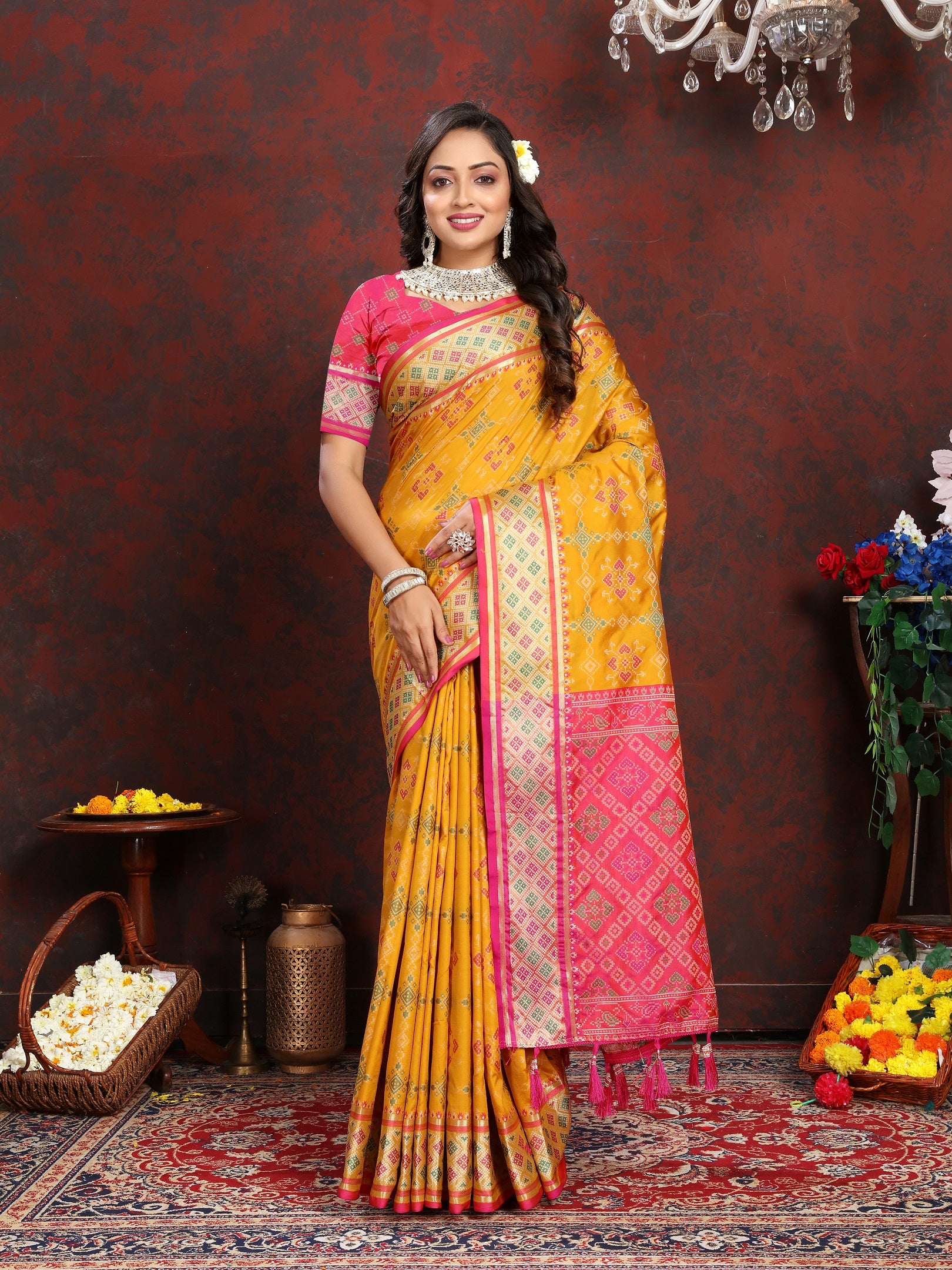 Vedant Vastram Mustard Color Kanjeevaram Patola Silk Saree - Mustard - Distacart