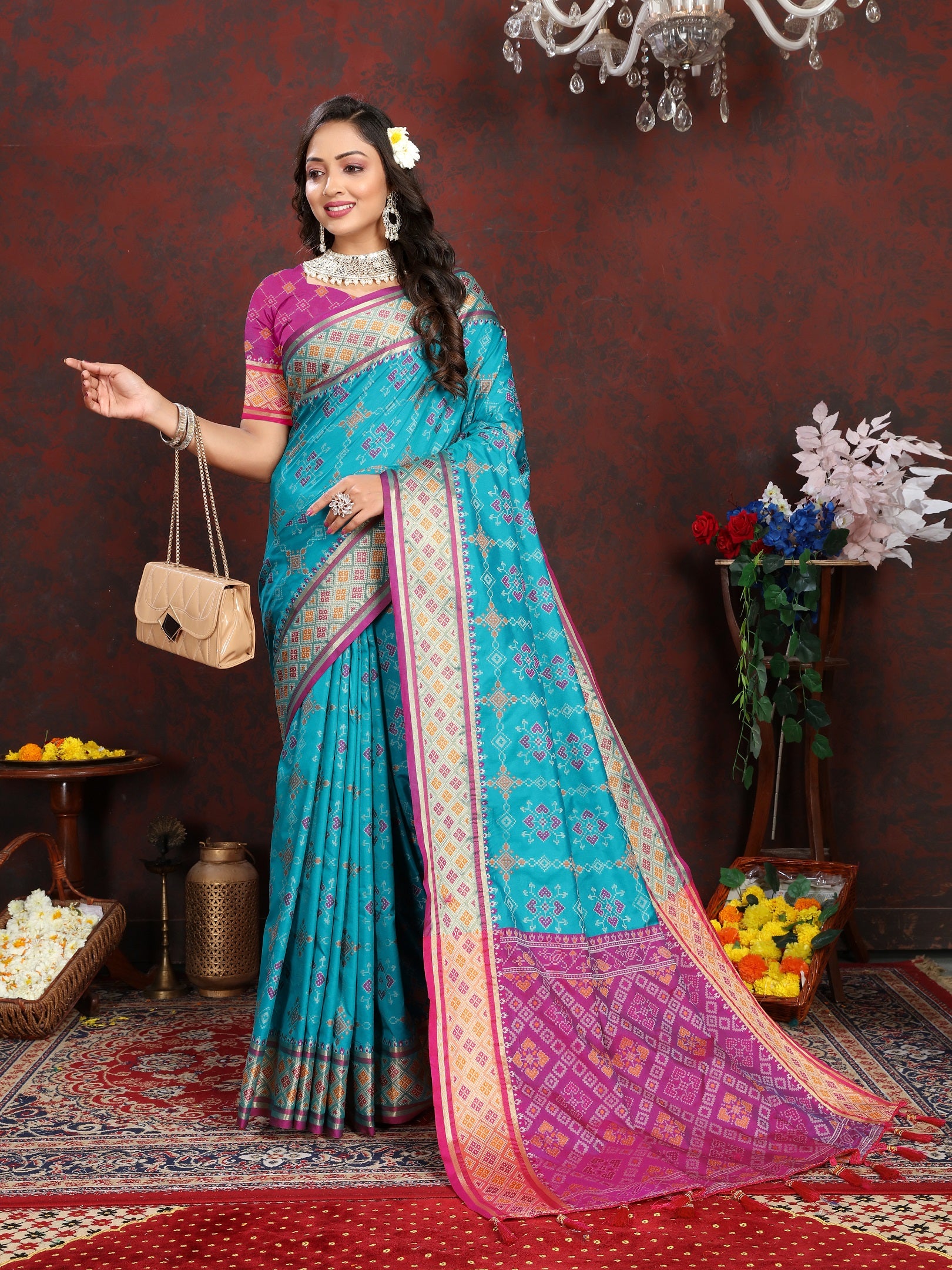 Vedant Vastram Rama Color Kanjeevaram Patola Silk Saree - Rama - Distacart