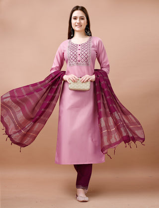 Malishka Women's Wine Cotton Blend Embroidery Kurta Set With Dupatta - Distacart