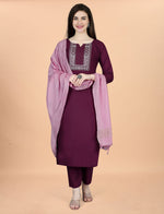 Thumbnail for Malishka Women's Wine Cotton Blend Embroidery Kurta Set With Dupatta - Distacart