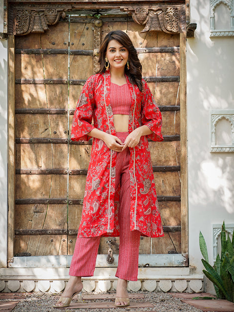 Yufta Muslin Red Co-ord Set With Crop Top And Pant - Distacart
