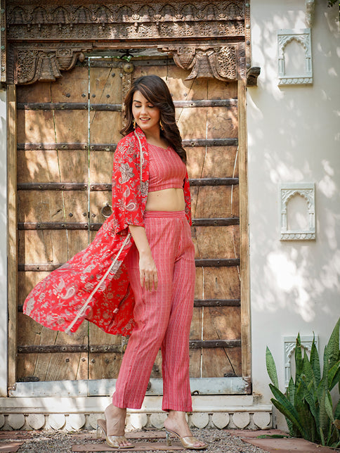 Yufta Muslin Red Co-ord Set With Crop Top And Pant - Distacart