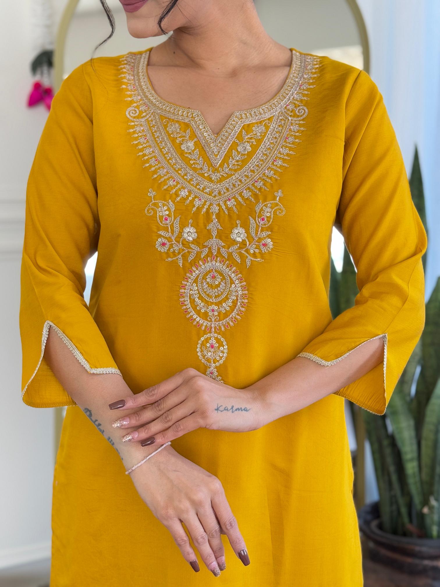 The52 Women's Viscose Embroidery work Straight Kurta with Pant and Dupatta Set