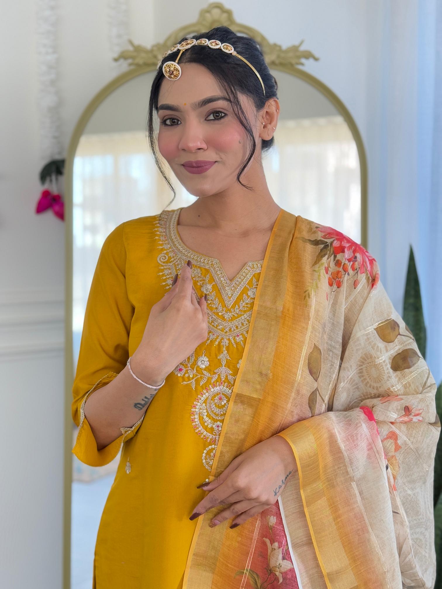 The52 Women's Viscose Embroidery work Straight Kurta with Pant and Dupatta Set