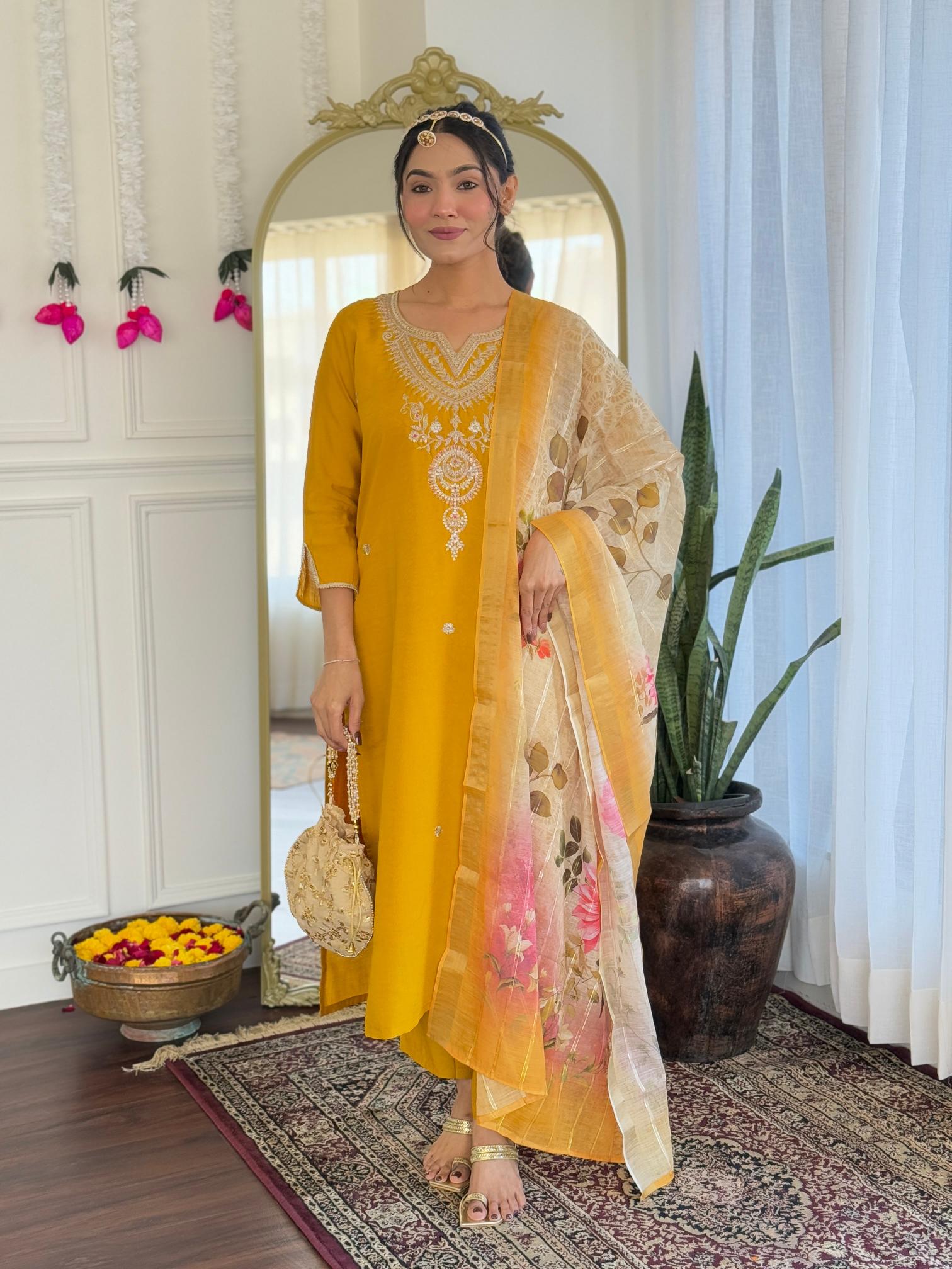 The52 Women's Viscose Embroidery work Straight Kurta with Pant and Dupatta Set
