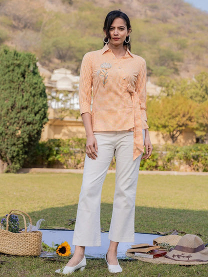 Yufta Mustard Cotton Checks Print Top With Embroidery - Distacart