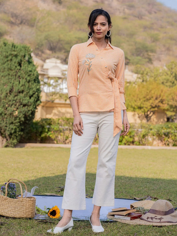 Yufta Mustard Cotton Checks Print Top With Embroidery