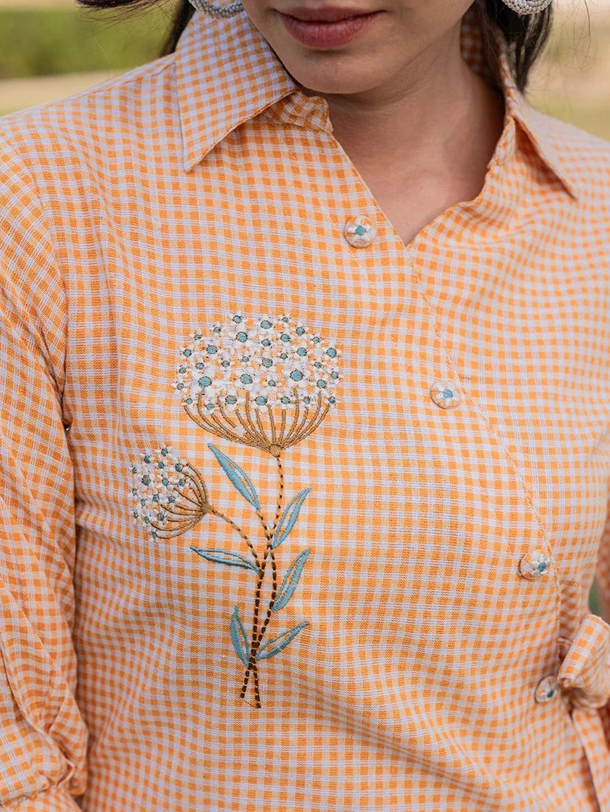 Yufta Mustard Cotton Checks Print Top With Embroidery
