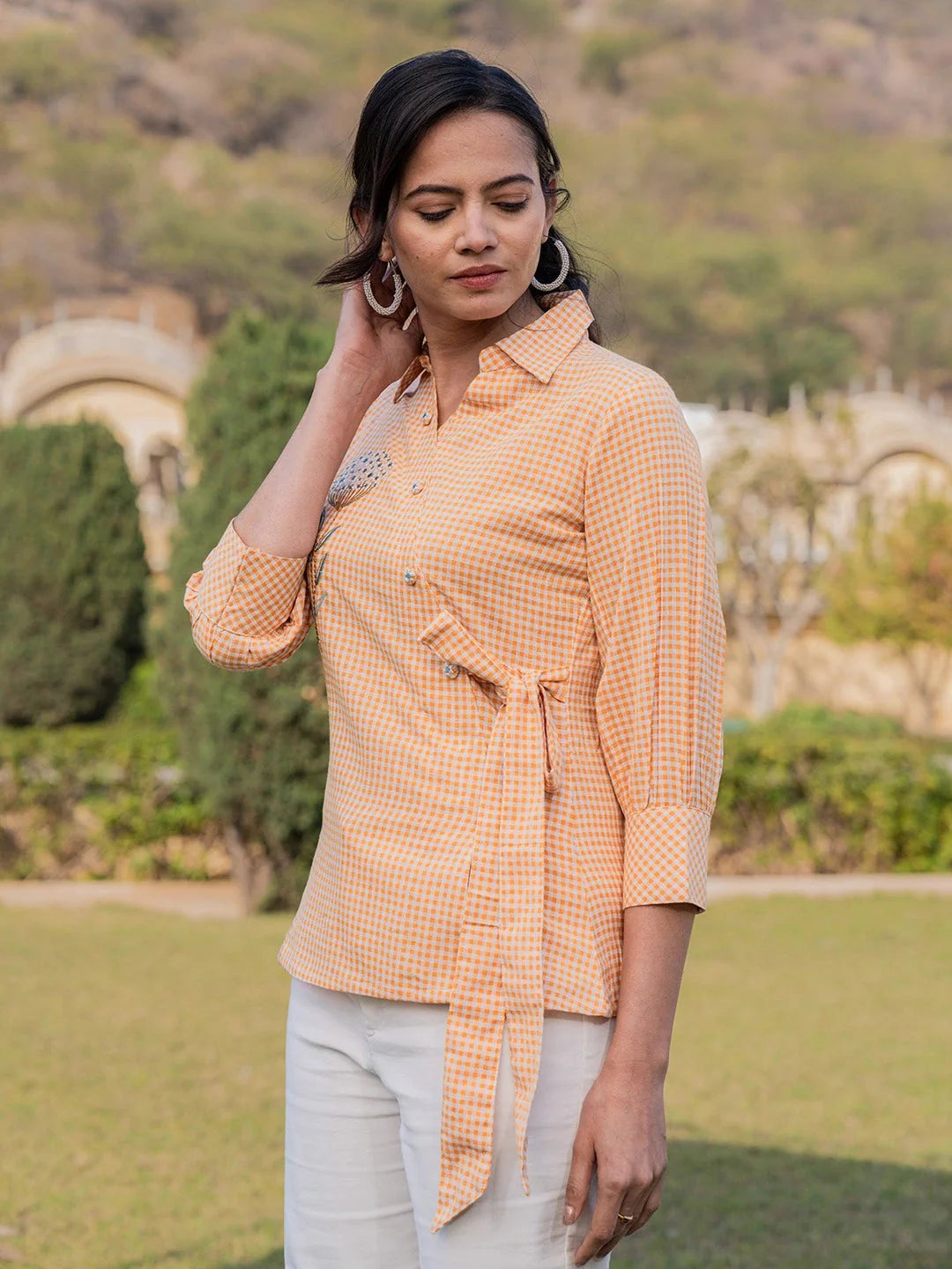 Yufta Mustard Cotton Checks Print Top With Embroidery
